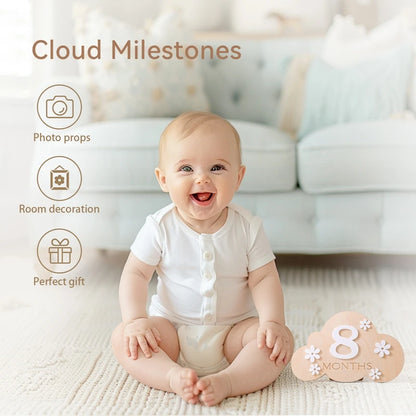 A picture of baby smiling alongside a milestone card displaying 7 months and text highlighting what's the card used for
