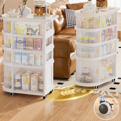 Two White 4 Layer Baby Storage Rack Folding Trolley With Food Contents In A Living Room