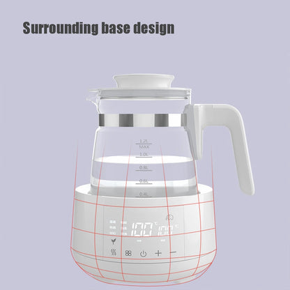Transparent electric kettle with measurement markings and digital base controls on a purple background.