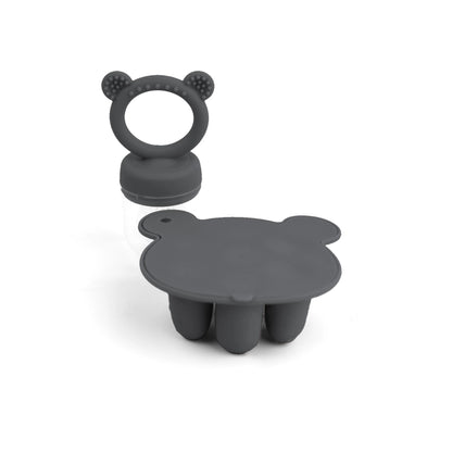 A gray, bear-shaped silicone mold with a ringed handle on a white background.