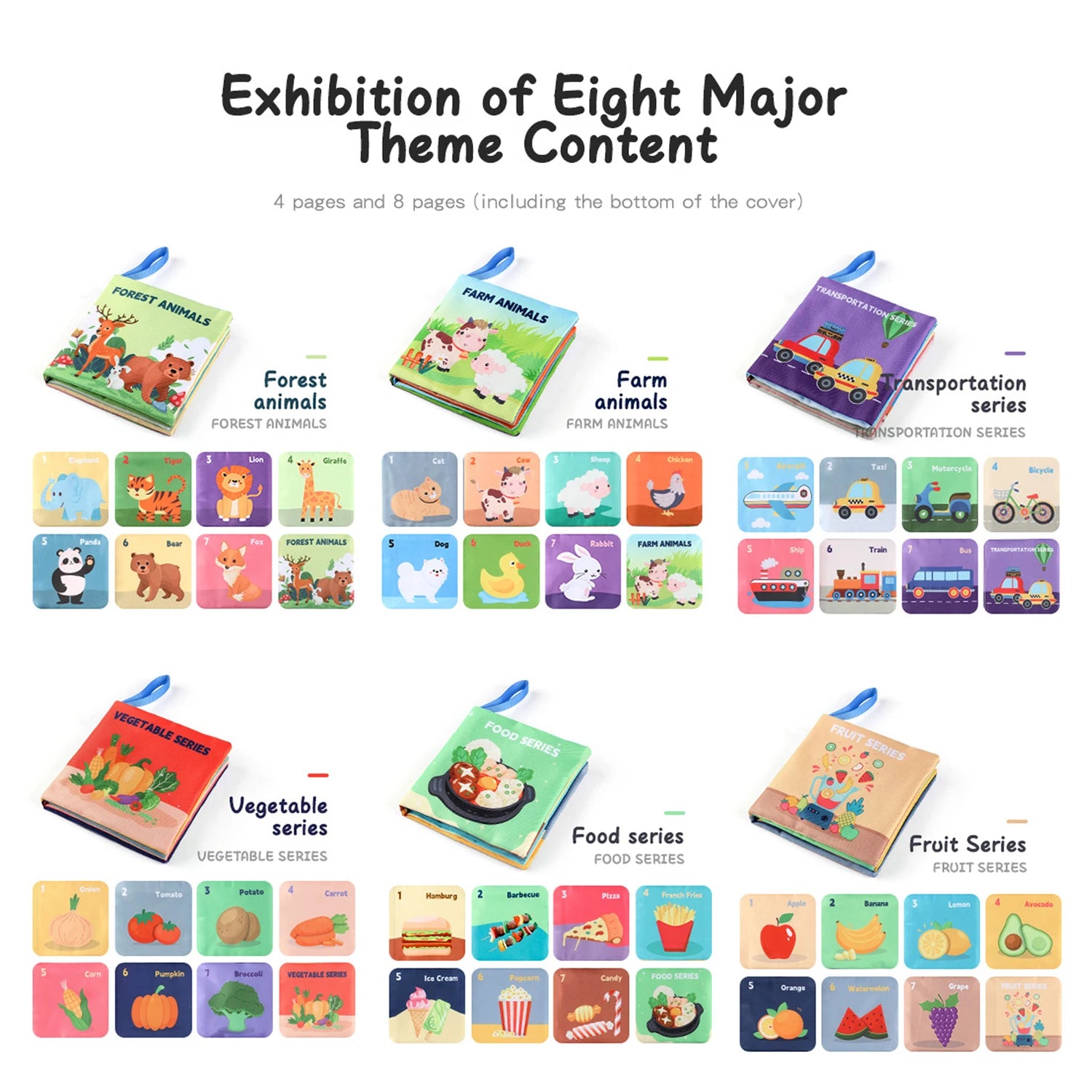 Eight colorful children's books with illustrations of animals, transport, vegetables, food, and fruit.