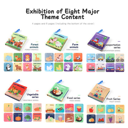 Eight colorful children's books with illustrations of animals, transport, vegetables, food, and fruit.
