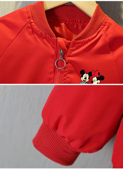 A close up picture of Red Mickey Mouse Design Printed Toddler Bomber Jacket's Collar and Cuffs