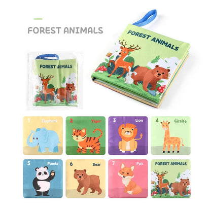A collection of children's learning materials featuring colorful illustrations of forest and wild animals.