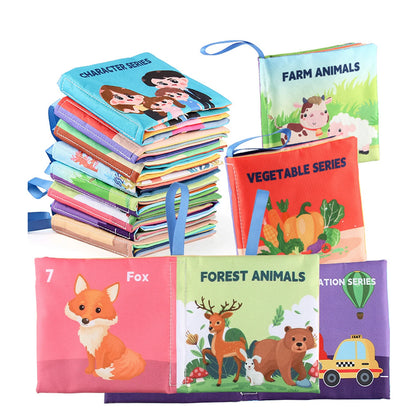 A collection of colorful children's cloth books with various educational themes.