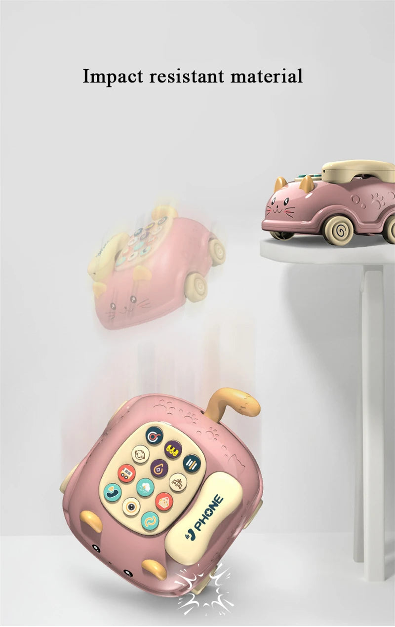 A pink, cartoon-style toy phone with a cat design, dropping and bouncing off the ground.