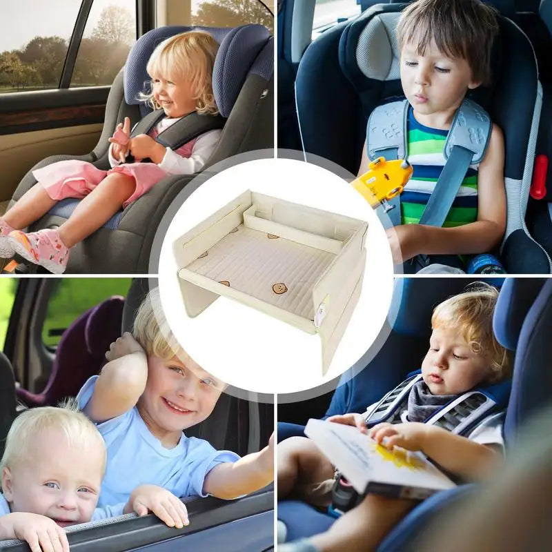 Children in car seats with travel tray for activities, toys aside.