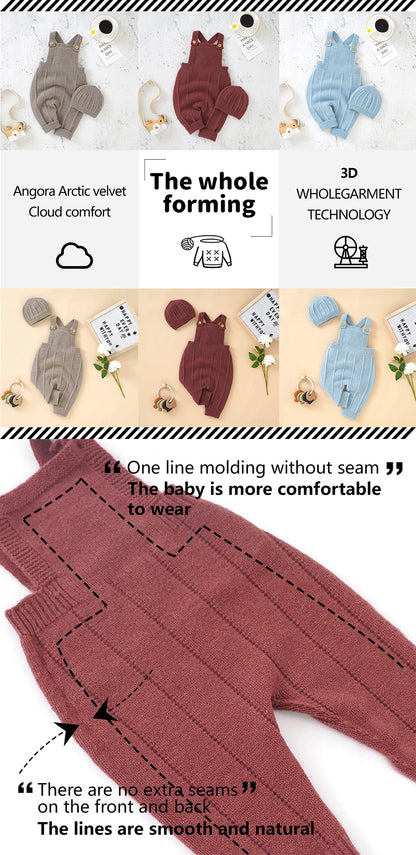 A photo divided into two sections with upper part being a collage of Baby Knitted Romper of different color and text highlighting their features and the bottom part explaining the seam details of the romper