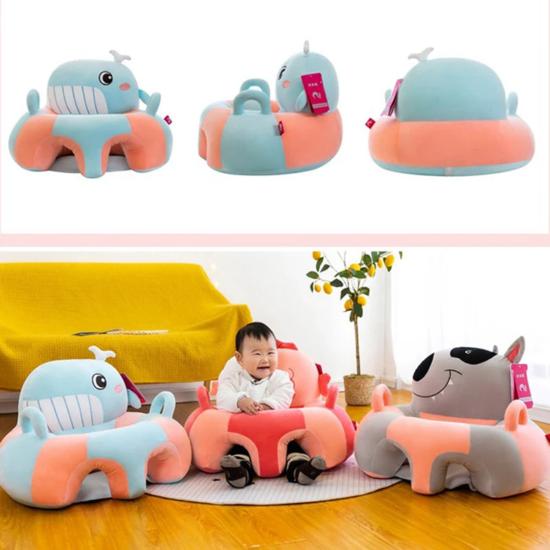 Three Baby Sofa Plush Chair With Animal Cover and A Baby Sitting In the Middle Chair In A Living Room