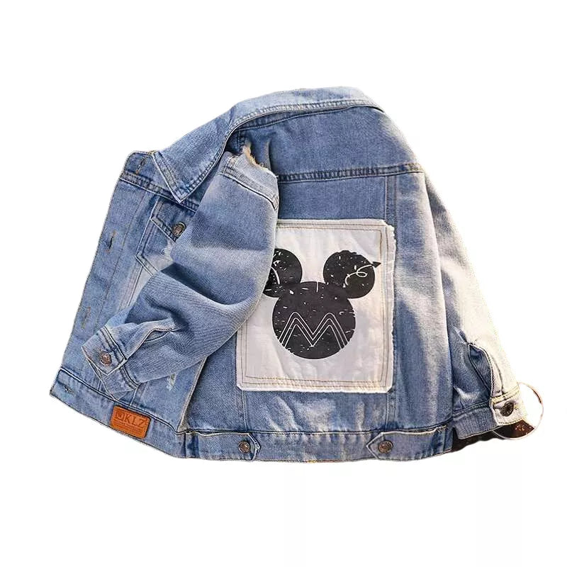Mickey Mouse Designed Toddler Blue Denim Jacket Showcasing Back Design In A White Background