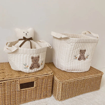 Two Baby Diaper Bag Caddy Organizer With Bear Design On Top Of Rattan Storage