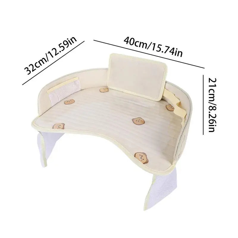 Portable baby bed with dimensions and pillow on white background.