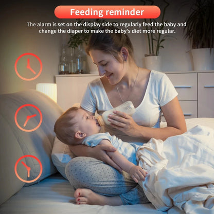 A woman cradles her baby while feeding in bed, featuring the words feeding reminder in the background
