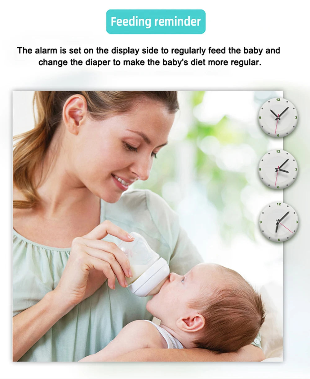 A woman cradles her baby while feeding, featuring the words feeding reminder