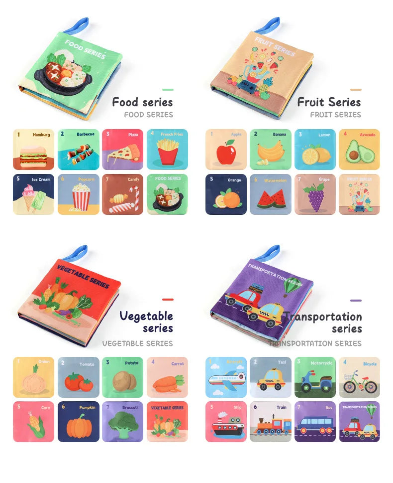 Educational cloth books for children featuring food, fruit, vegetable, and transportation themes.