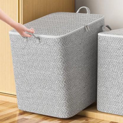 A Person Pulling Gray Non-woven Storage Bag Organizer With Lid