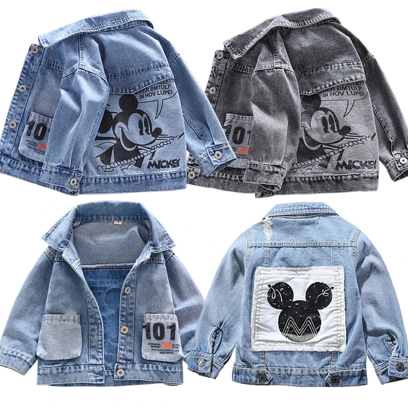 Mickey Mouse Printed Toddler Black and Blue Denim Jackets In Different Angle In A White Background