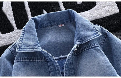 A Close Up Picture Of Mickey Mouse Toddler Blue Denim Jacket's Collar