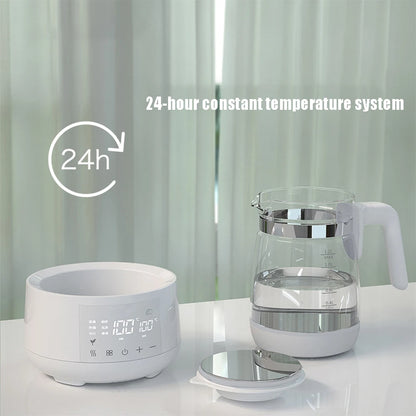 A digital temperature control system and a glass water pitcher on a table, with text 24-hour constant temperature system.