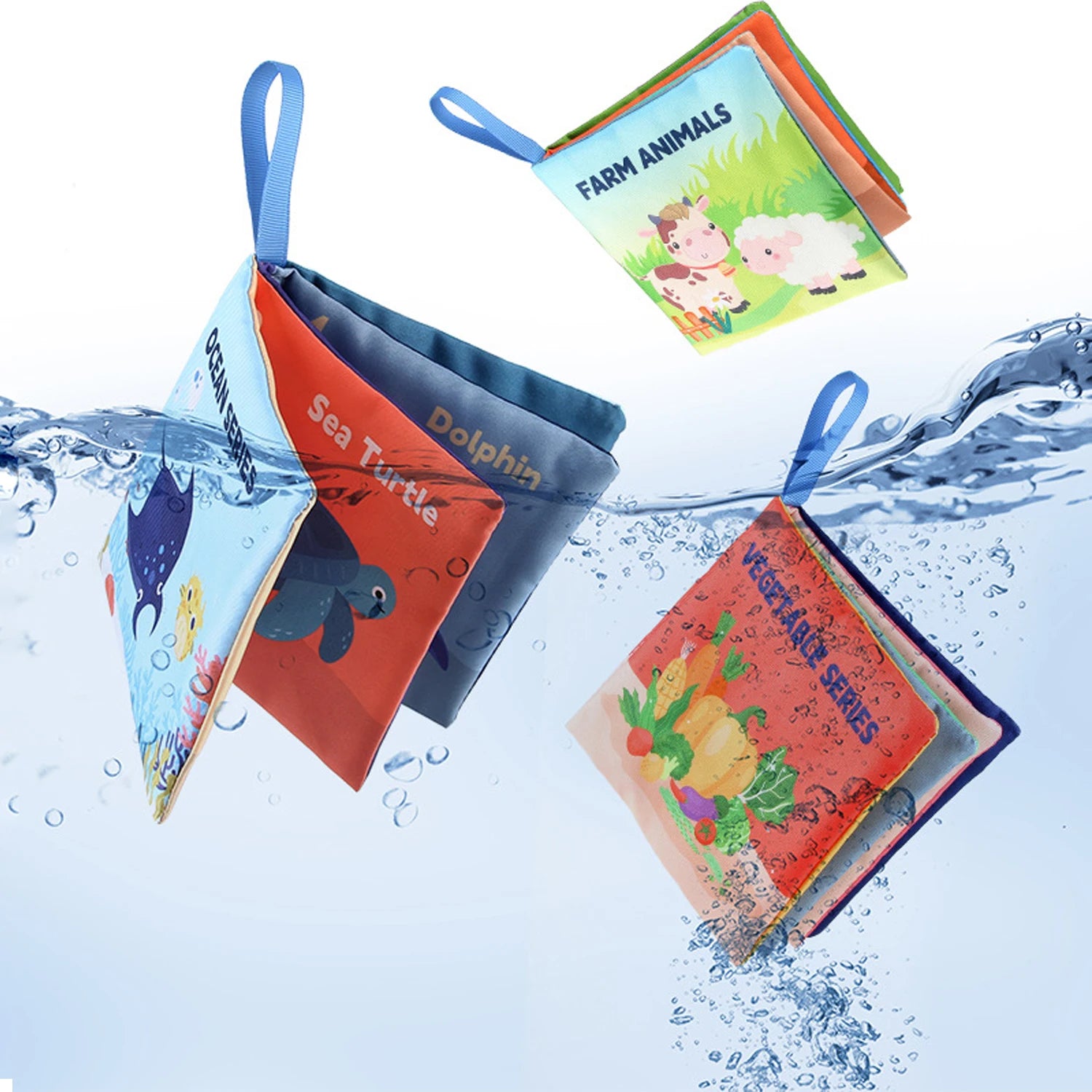 Waterproof bath books floating in water with ocean and farm animal themes.