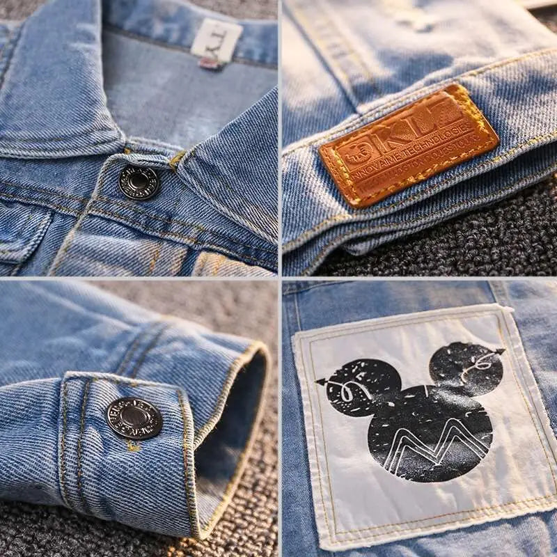 A collage of 4 close up picture of Mickey Mouse Designed Toddler Blue Denim Jacket Showcasing Different Features