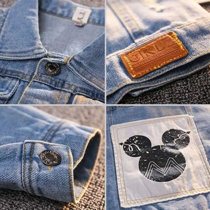 A collage of 4 close up picture of Mickey Mouse Designed Toddler Blue Denim Jacket Showcasing Different Features