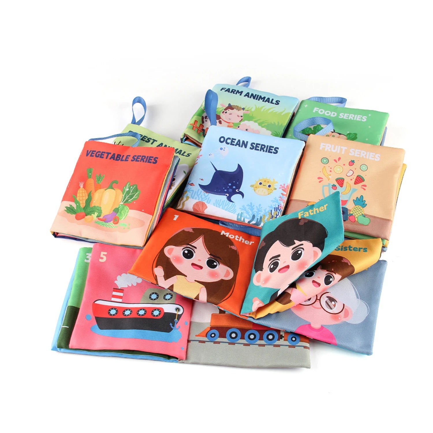 Collection of colorful children's cloth books with various learning themes.