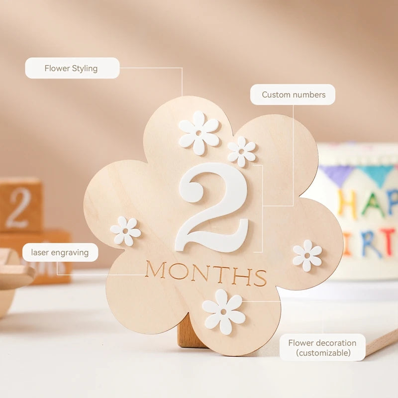 A flower shaped wooden milestone card displaying 2 months and text labels highlighting features