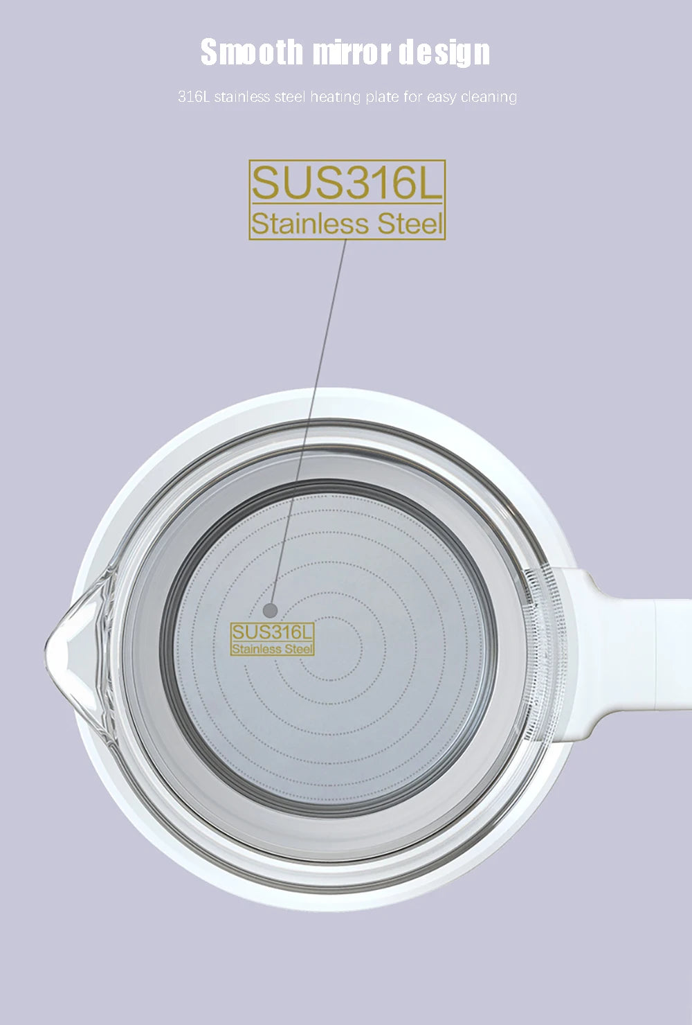 Top view of an electric kettle's smooth 316L stainless steel heating plate.