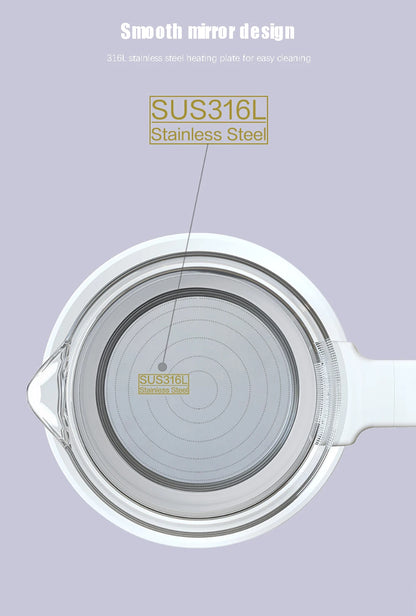 Top view of an electric kettle's smooth 316L stainless steel heating plate.