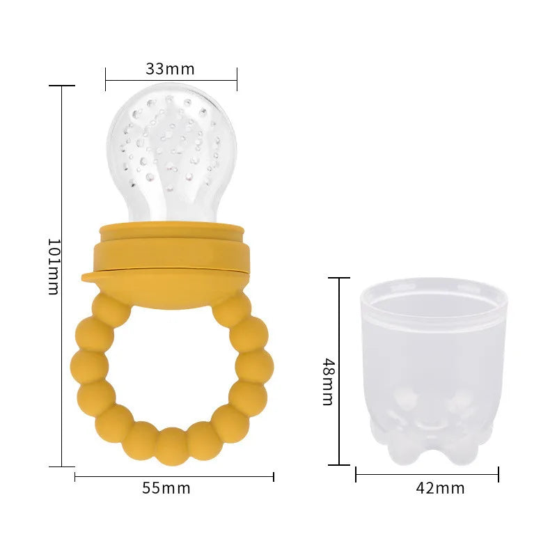 Two baby teething toys with dimensions: a yellow bulb-shaped with handle, and a white cup with face imprint.