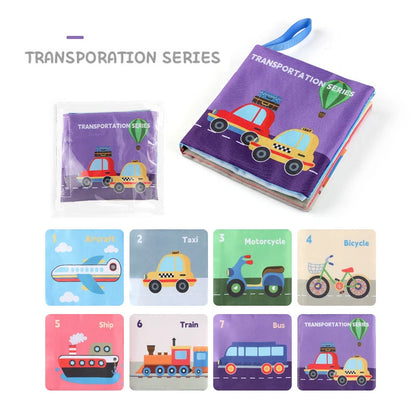 Educational cloth book titled Transportation Series with illustrations of vehicles like aircraft and taxi.
