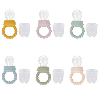 Eight baby fruit feeders in assorted pastel colors on a white background.