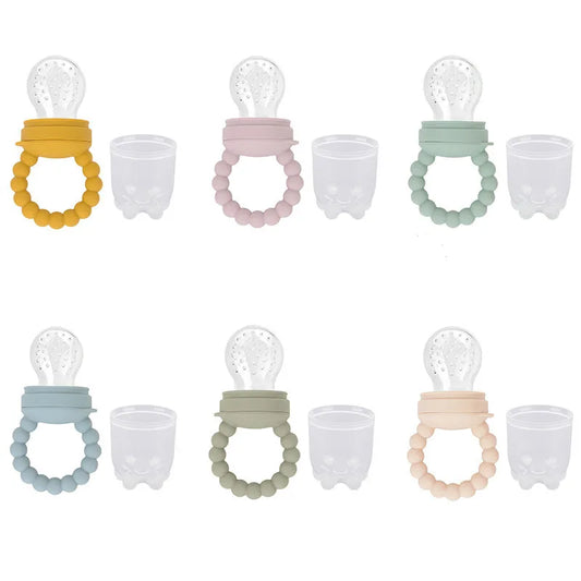Eight baby fruit feeders in assorted pastel colors on a white background.