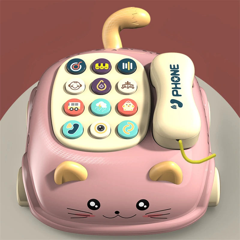 A whimsical 3D illustration of a pink cat-shaped toy phone with colorful buttons and a handset.