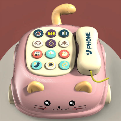 A whimsical 3D illustration of a pink cat-shaped toy phone with colorful buttons and a handset.