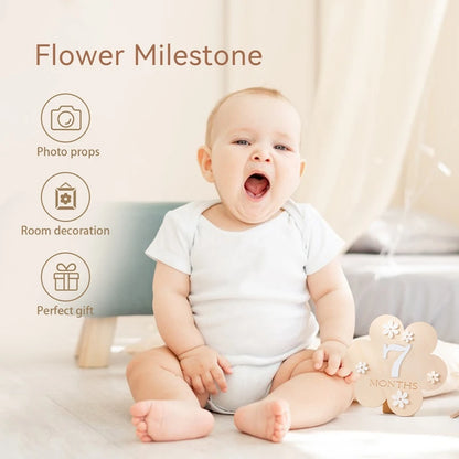 A picture of baby yawning alongside a milestone card displaying 7 months and text highlighting what's the card used for