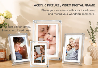 Four Acrylic Digital Photo Frame Of Different Sizes Displayed In An Aesthetic Background With Text "ACRYLIC PICTURE/VIDEO DIGITAL FRAME Share your moments with your loved ones and record your wonderful moments."