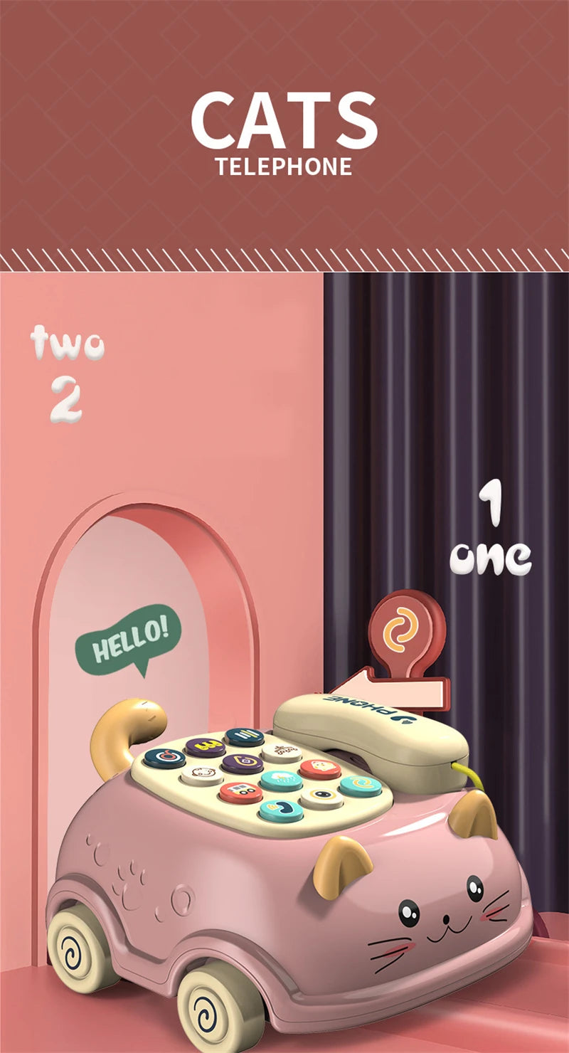 Stylized image of a cat-shaped telephone with colorful buttons and CATS TELEPHONE text.