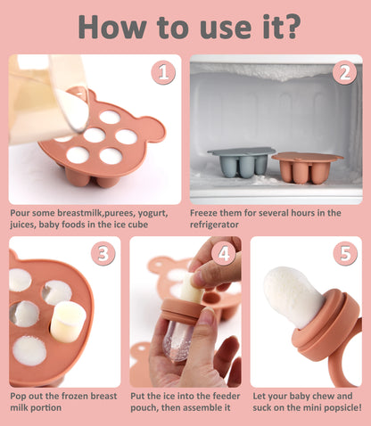 Instructional images showing steps to use a baby food freezer tray to make and serve mini popsicles.