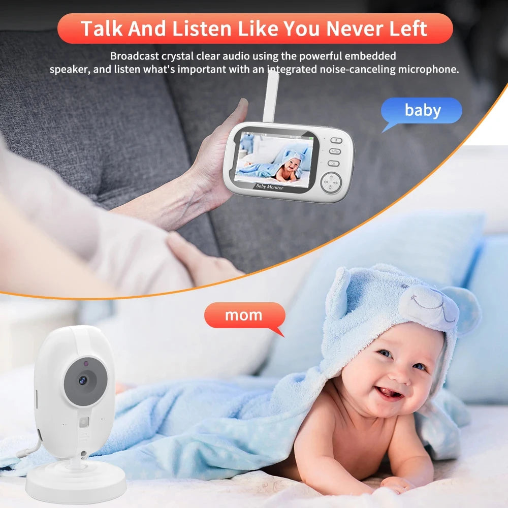 A baby monitor displays a sleeping infant in a crib