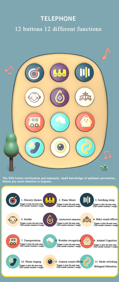 Illustration of a children's telephone toy with 12 colorful buttons, each with different icons and functions.