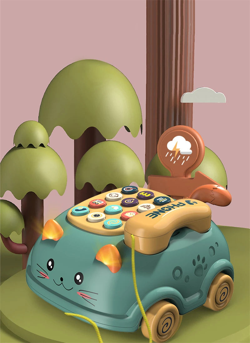 Illustration of a cute cat-themed rotary phone on wheels with colorful buttons.