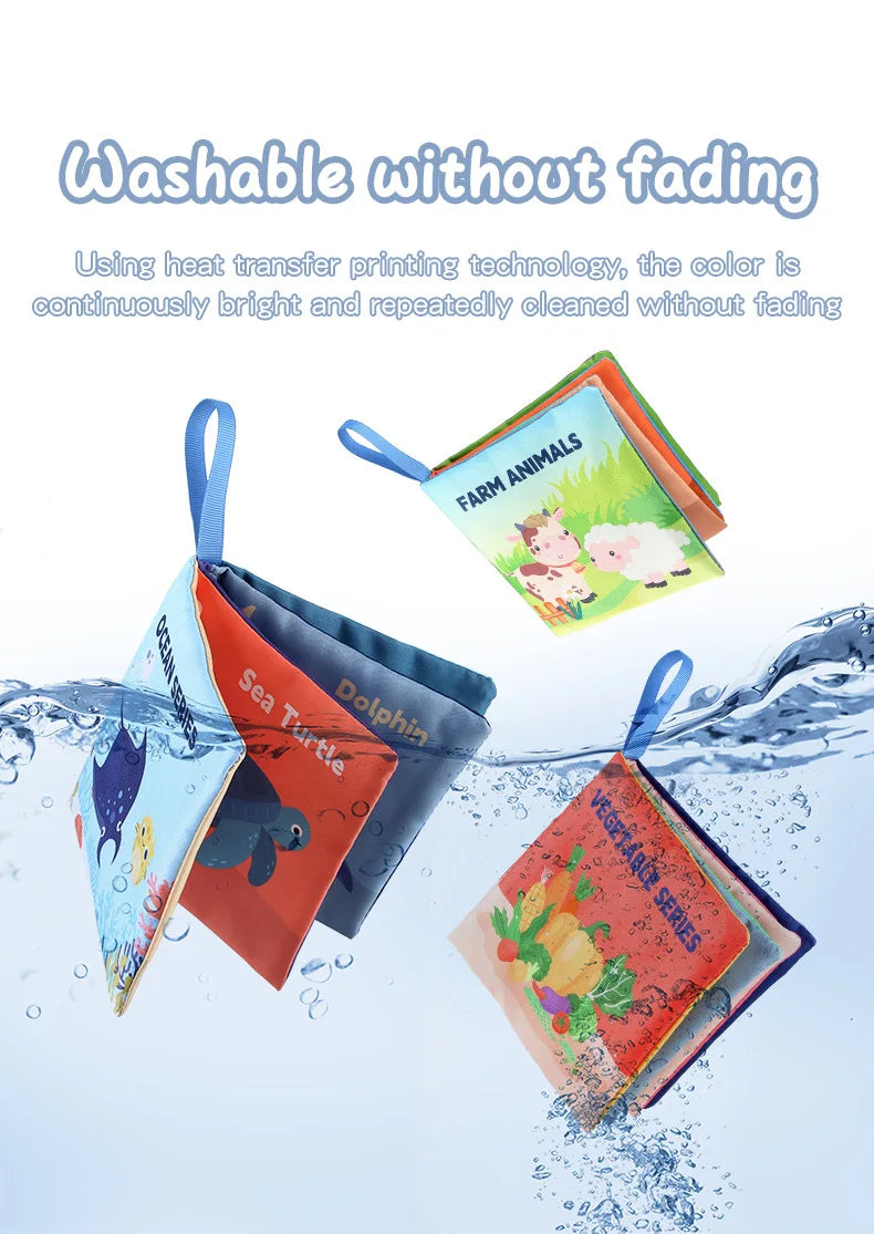 Colorful printed cloths book with animal designs being washed underwater, demonstrating fade resistance.