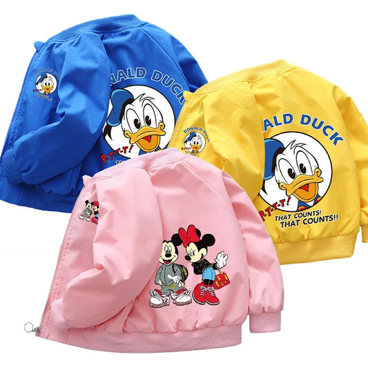 Three Mickey Mouse Design Printed Toddler Bomber Jacket in Blue, Pink, and Yellow Facing the Back in a white background