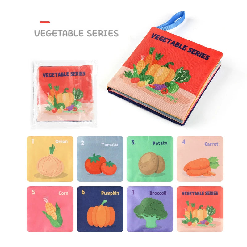 Children's cloth book and cards with colorful vegetable illustrations from a Vegetable Series set.