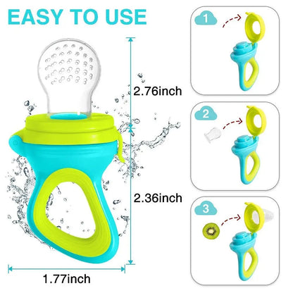 Infant feeding teether with measurements, and instructions on inserting food and closing the lid.