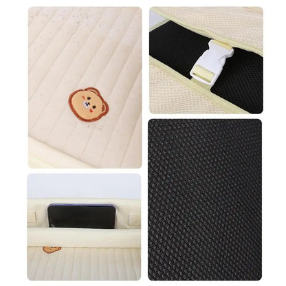 Four-panel image displaying features of a cream-colored bag: an embroidered patch, strap buckle, interior with phone, and textured fabric.