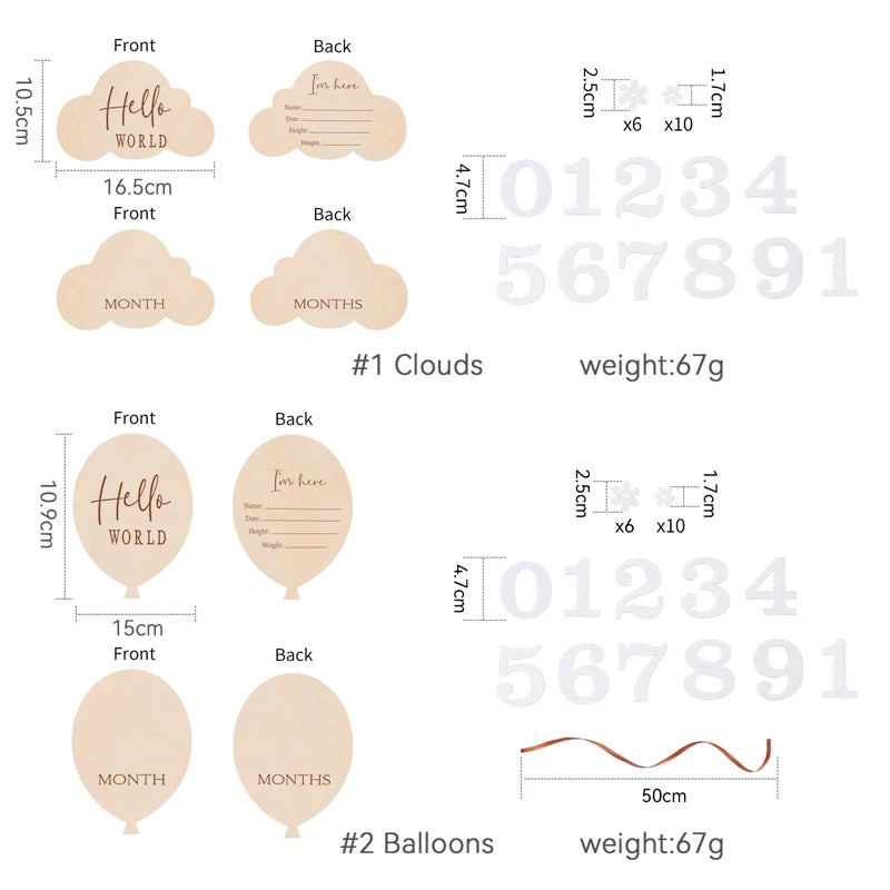 Cloud and balloon wooden milestone card size chart