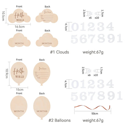 Cloud and balloon wooden milestone card size chart
